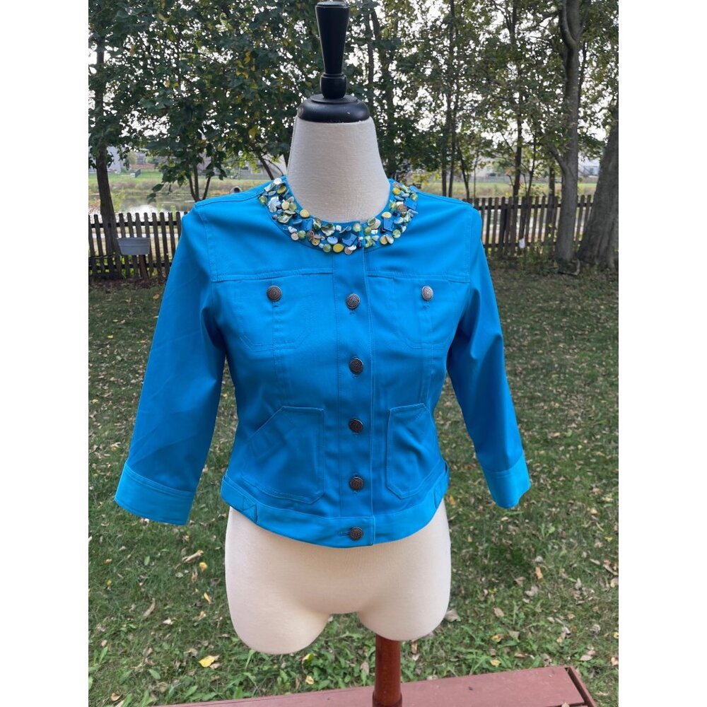 Ruby Rd. Petite Womens Embellished Collar Blue Jacket 6P
